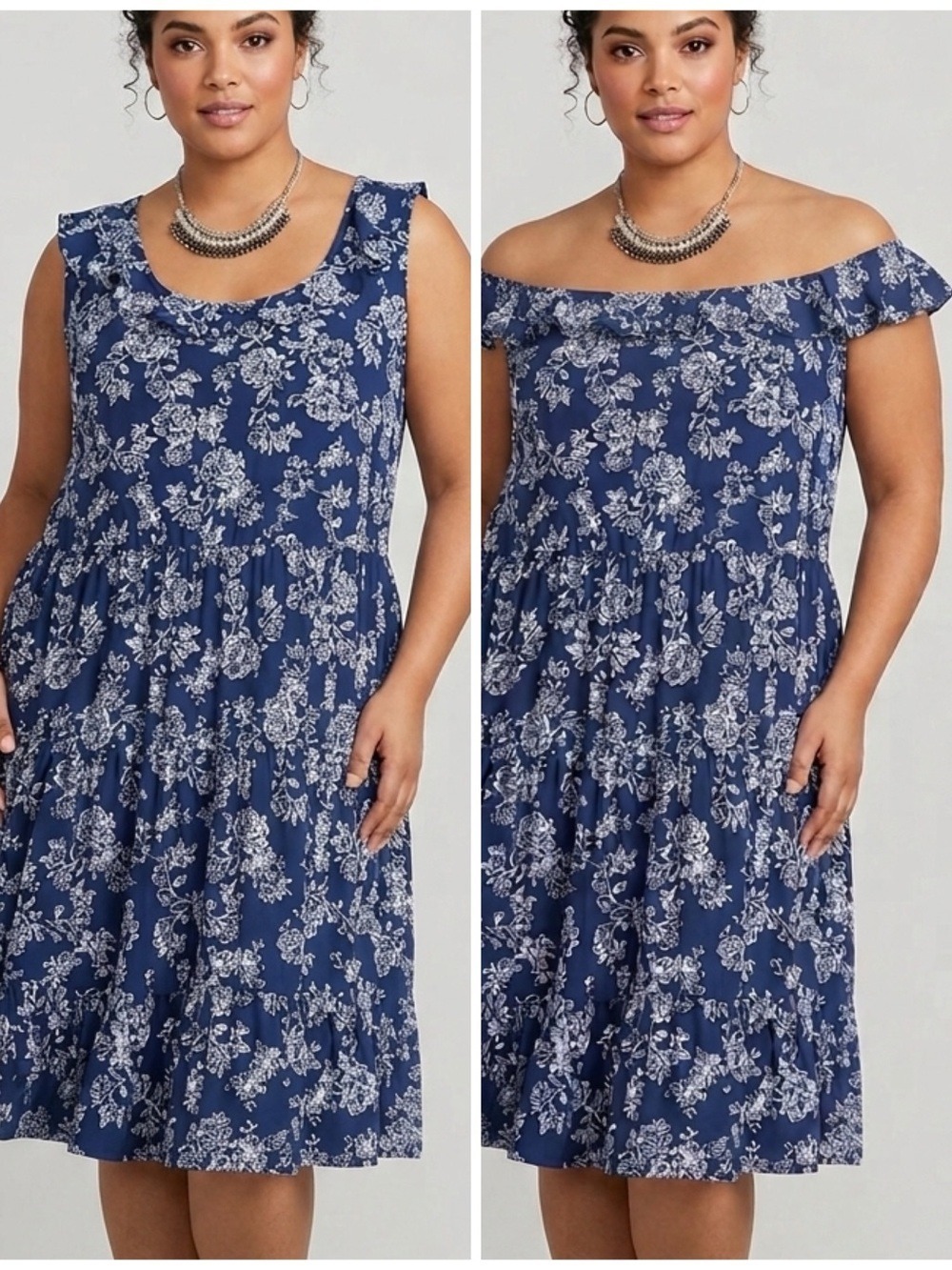 JUSTIFY Navy Blue Floral Dress Sleeveless Tiered Elastic Neckline 2X